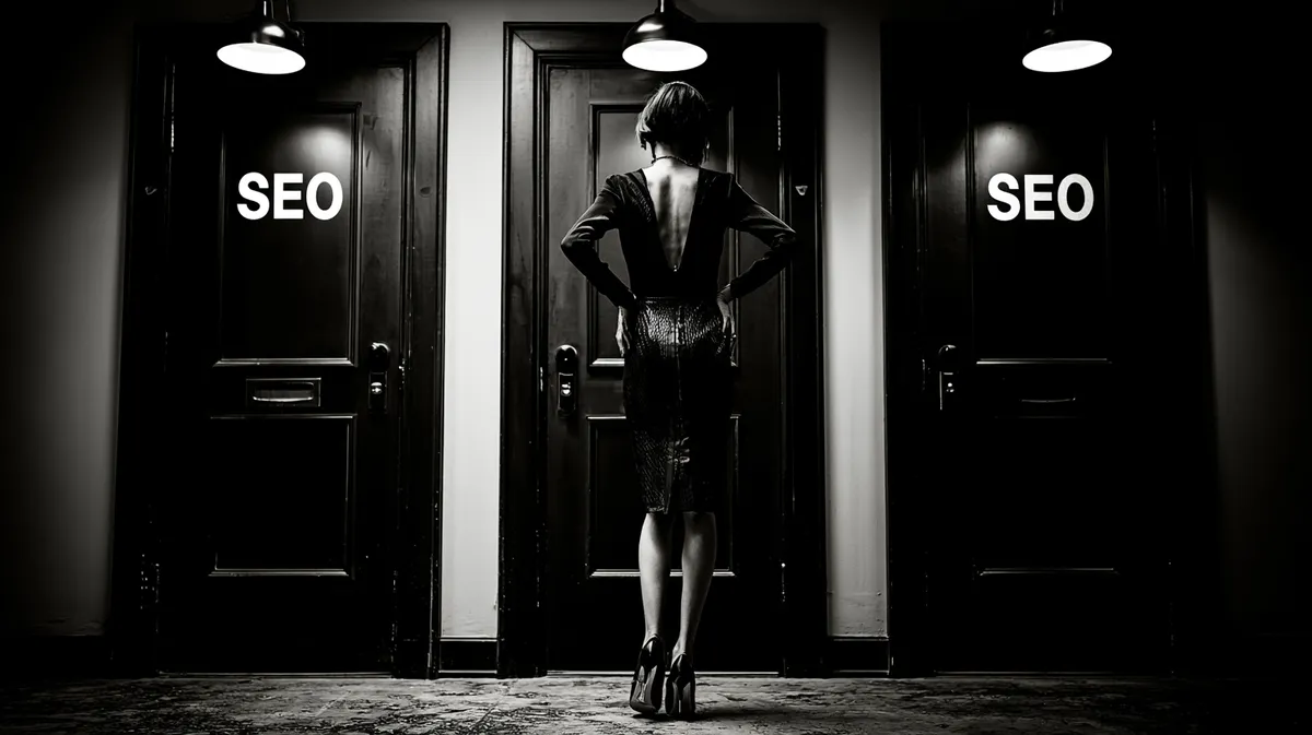 A woman facing three identical doors labeled SEO — choosing between law firm SEO agencies that all look the same from outside